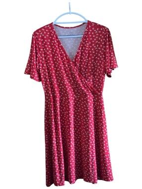 41 Hawthorn Elisse Knit Surplice Midi Dress Red White Leaf Print Women's L NWT
